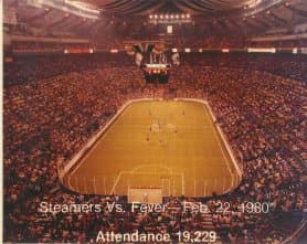 American indoor soccer in a crowded arena